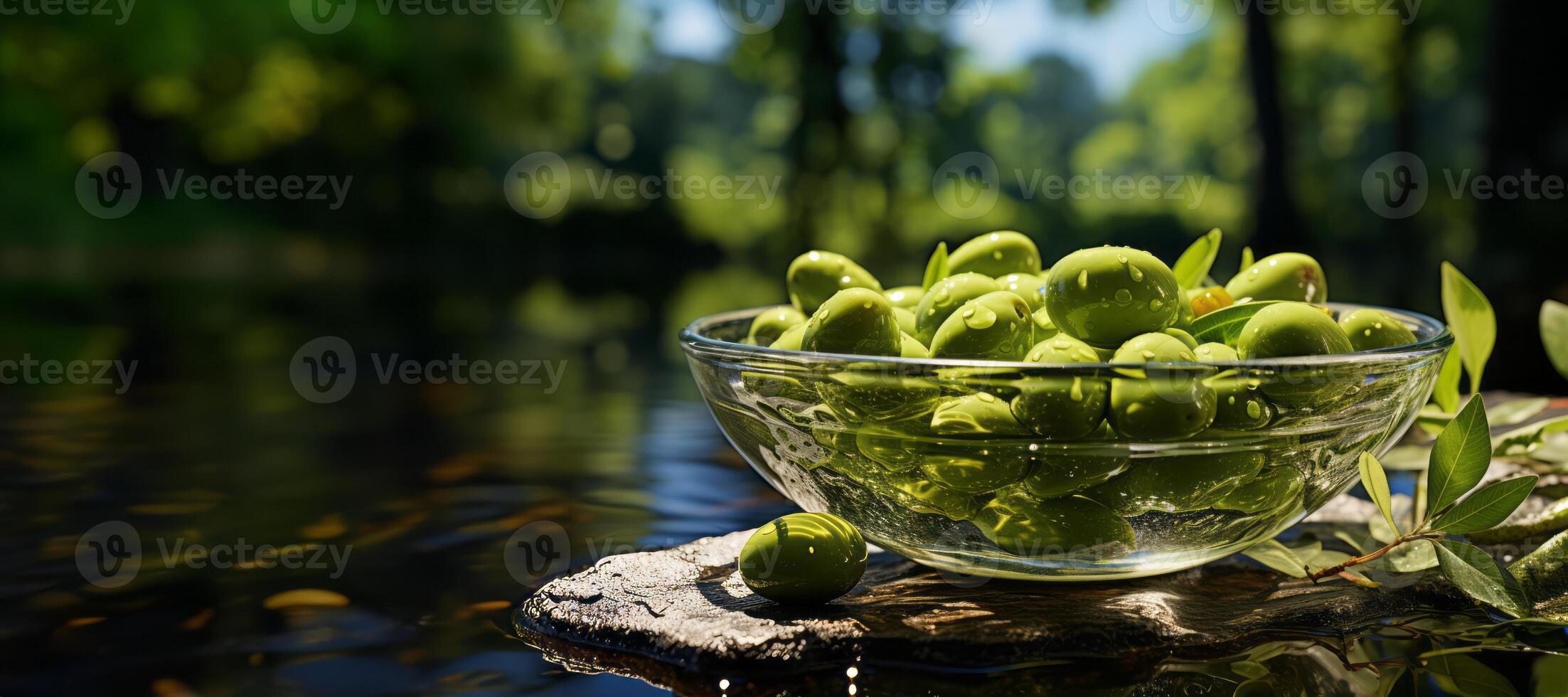 AI generated green olives on a blurred background Generative AI photo