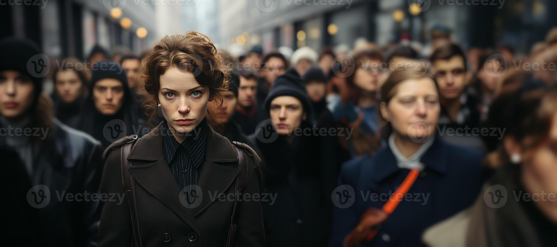 ai generado retrato de un negocio mujer en un multitud en el calle generativo ai foto
