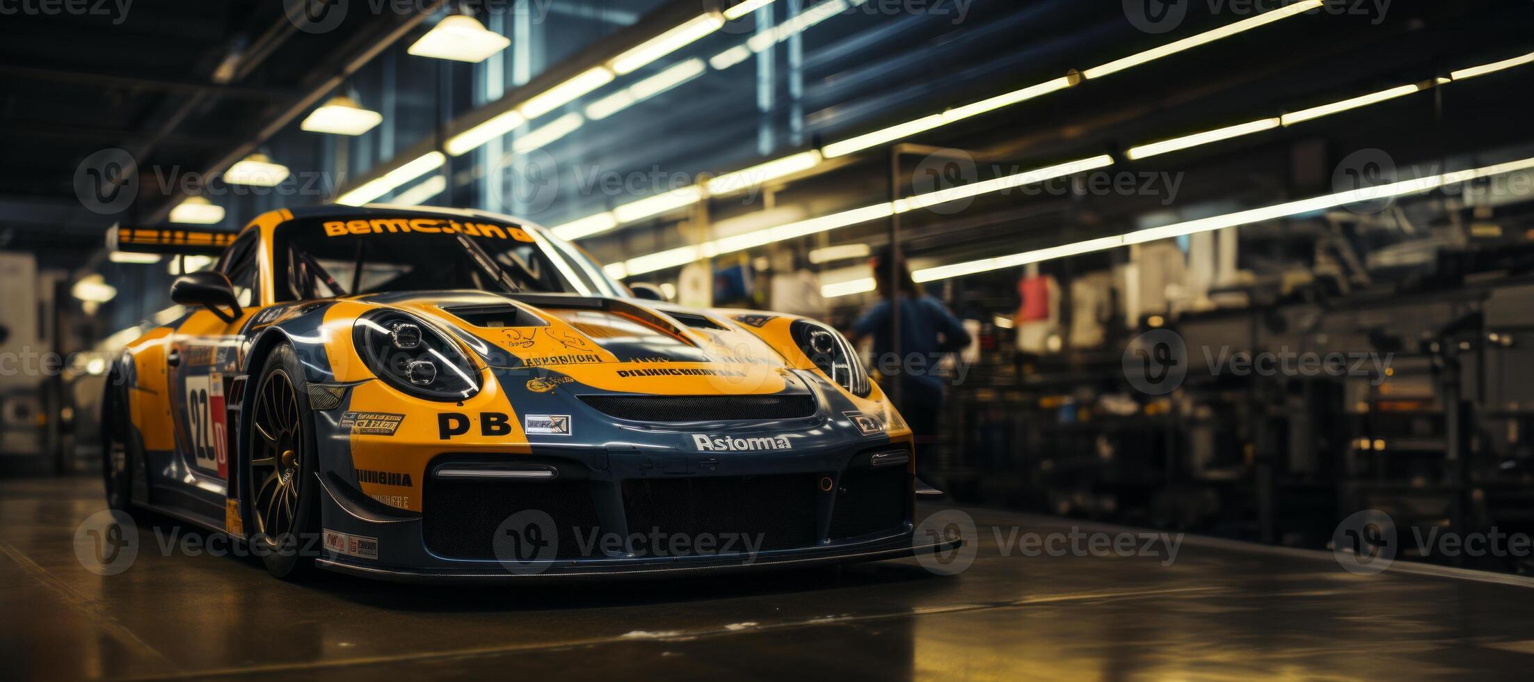 AI generated racing car in the workshop Generative AI photo