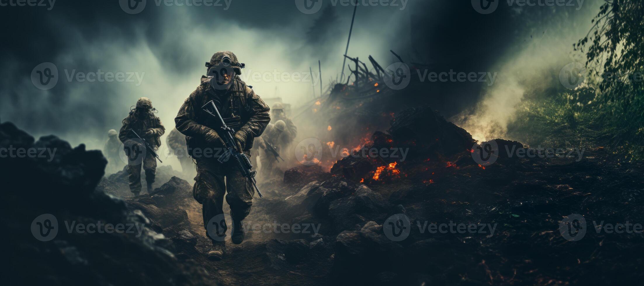 AI generated soldier with a machine gun on the battlefield Generative AI photo