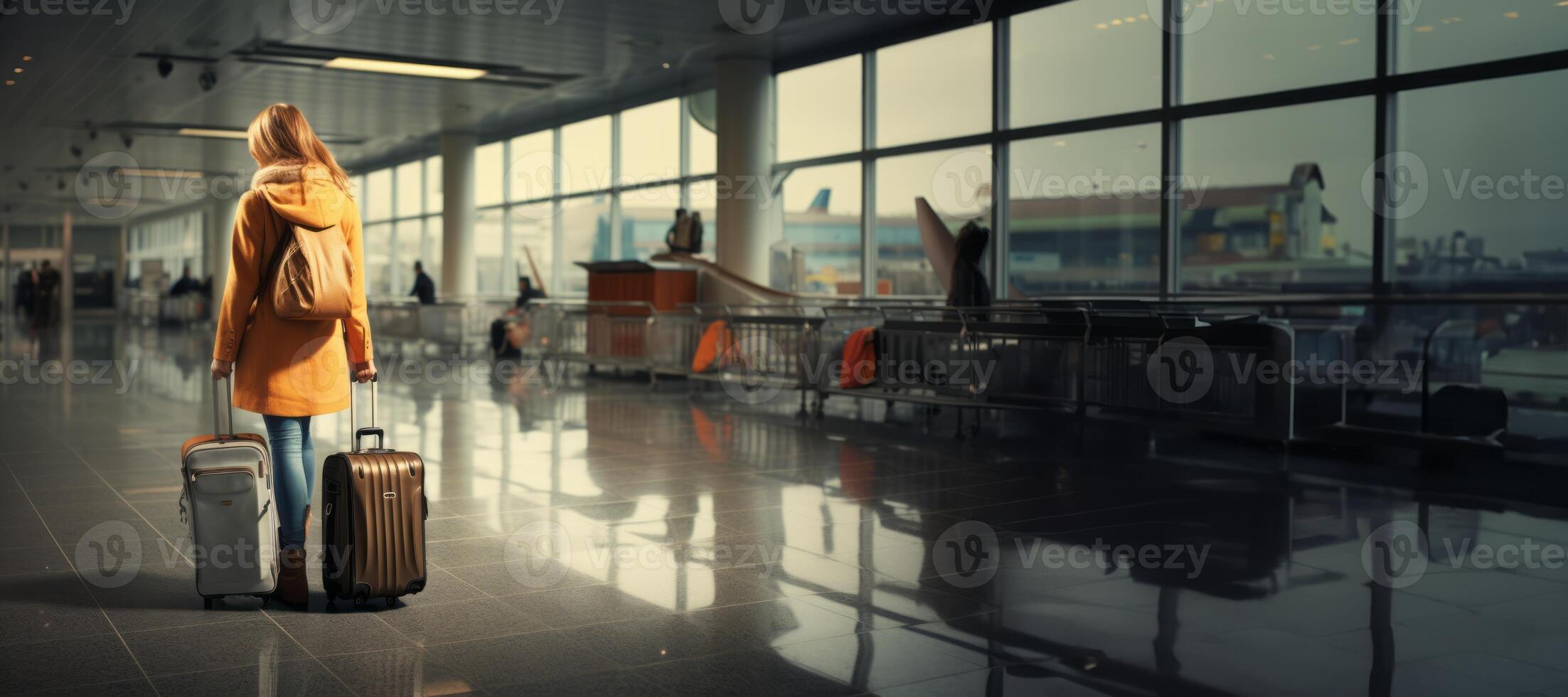 AI generated girl with a suitcase waiting at the airport Generative AI photo