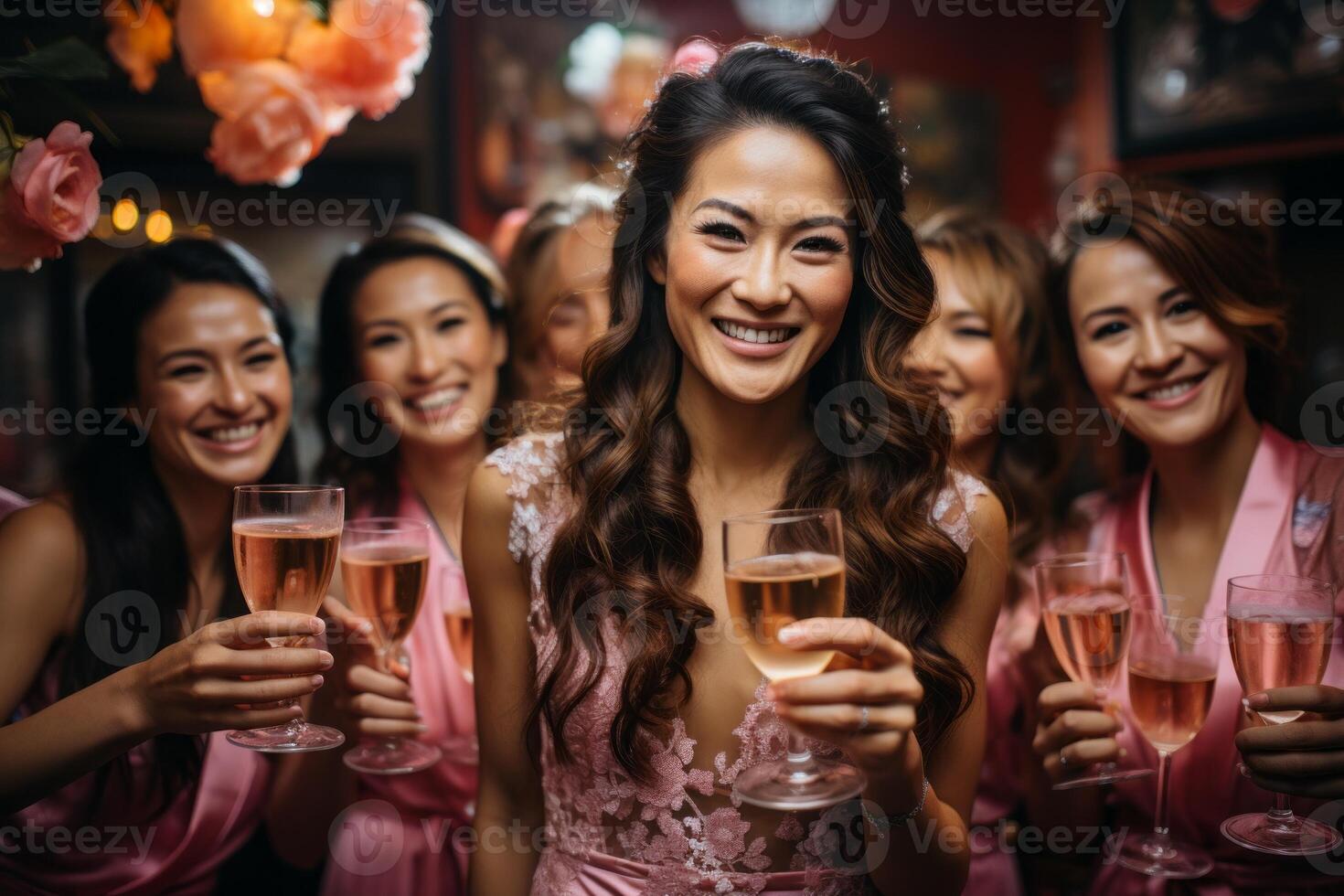 AI generated Bride and bridesmaids clink glasses Generative AI photo