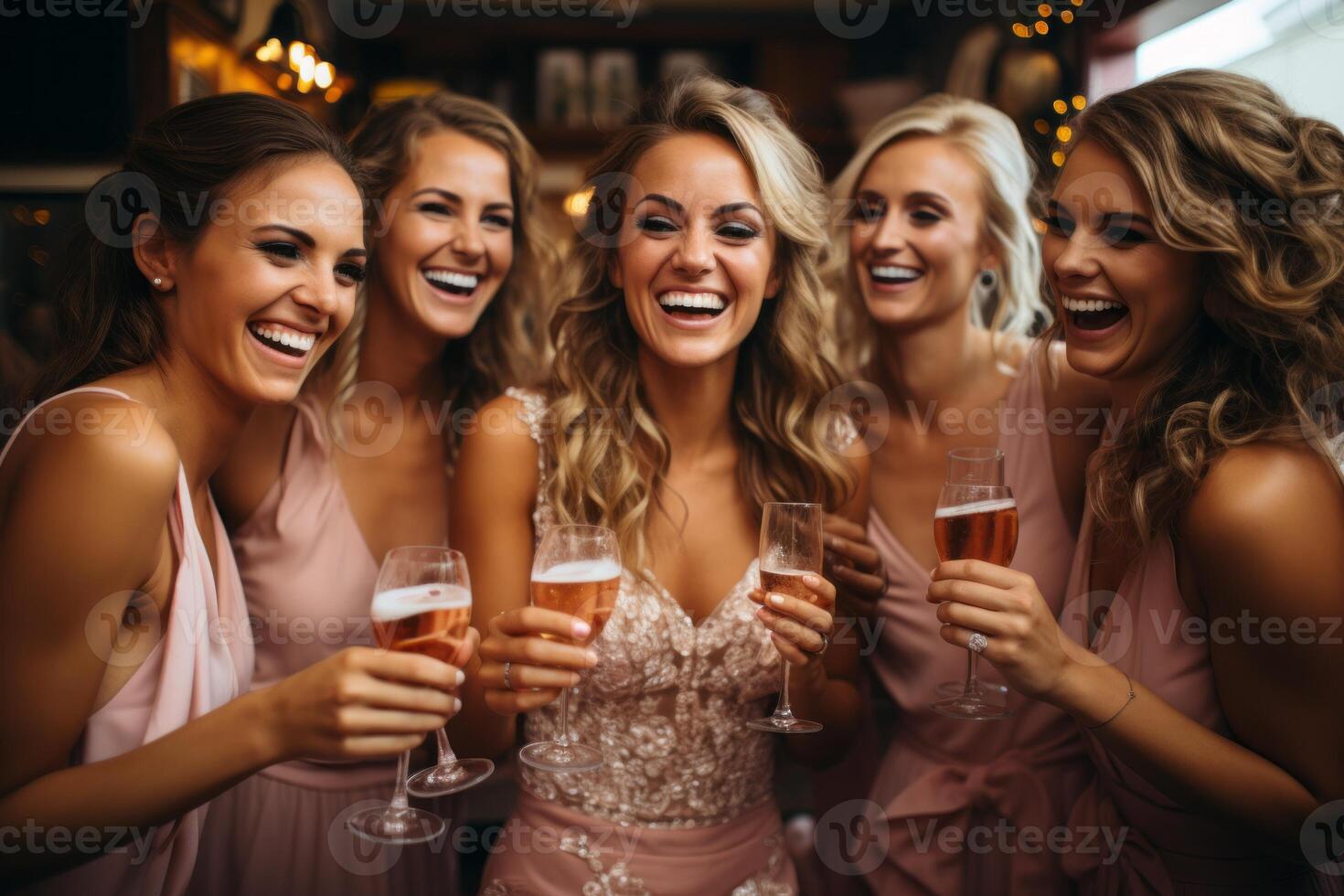 AI generated Bride and bridesmaids clink glasses Generative AI photo