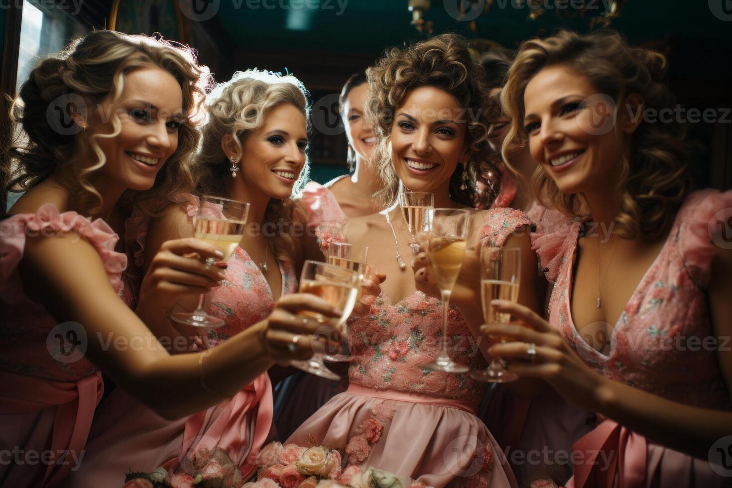 AI generated Bride and bridesmaids clink glasses Generative AI photo