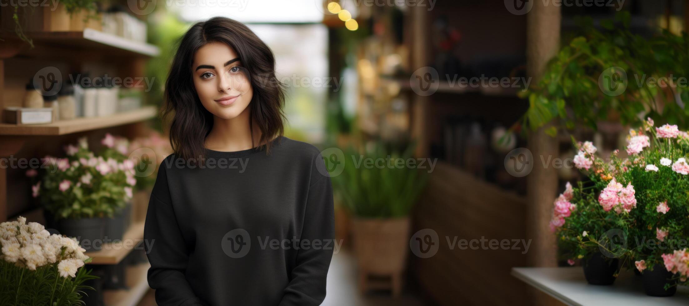AI generated girl in a flower shop against a blurred background banner Generative AI photo