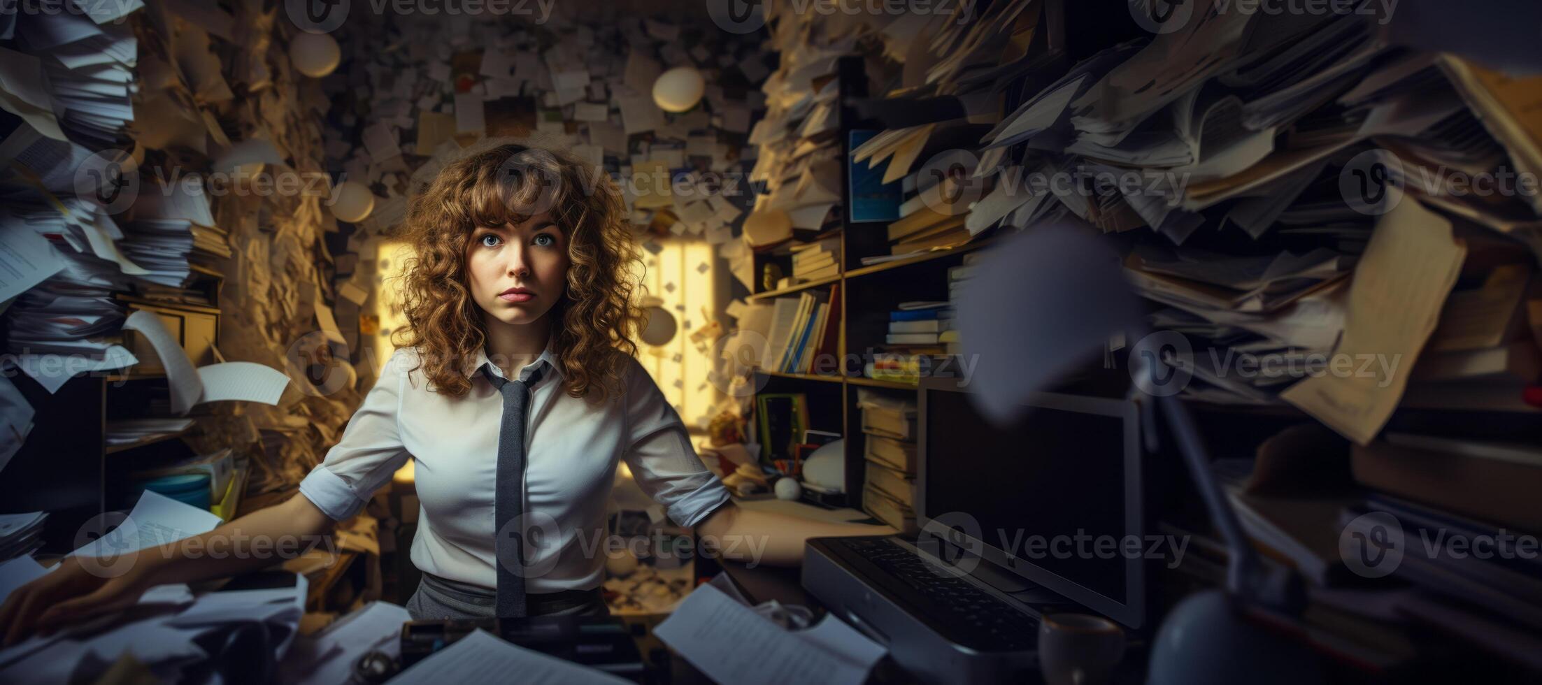 AI generated tired girl in the office banner  Generative AI photo