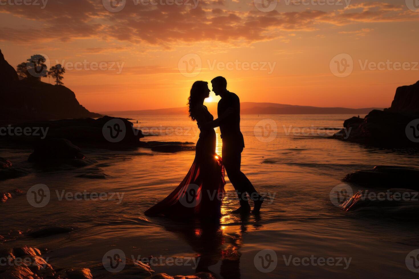 AI generated silhouette of a couple in love dancing on the shore at sunset Generative AI photo