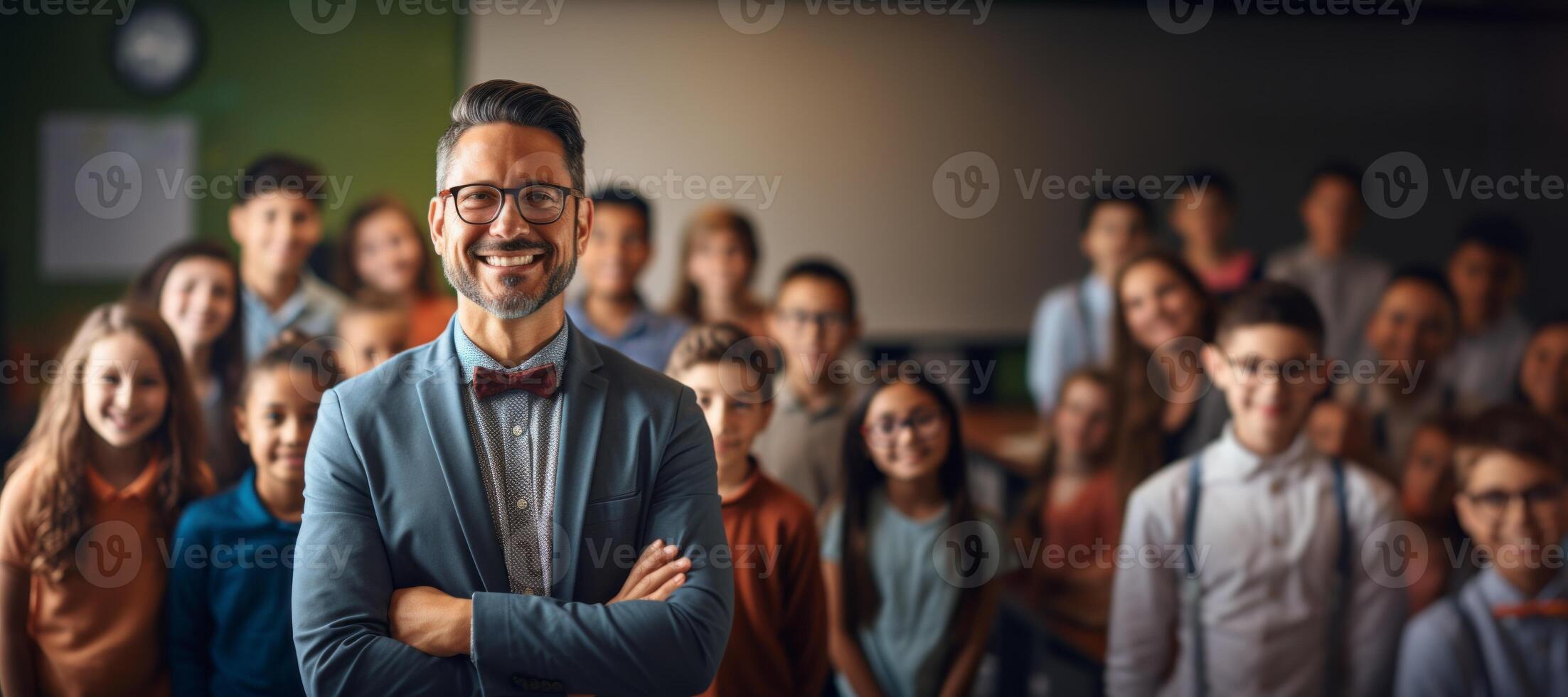 AI generated school teacher on blurred classroom background banner Generative AI photo