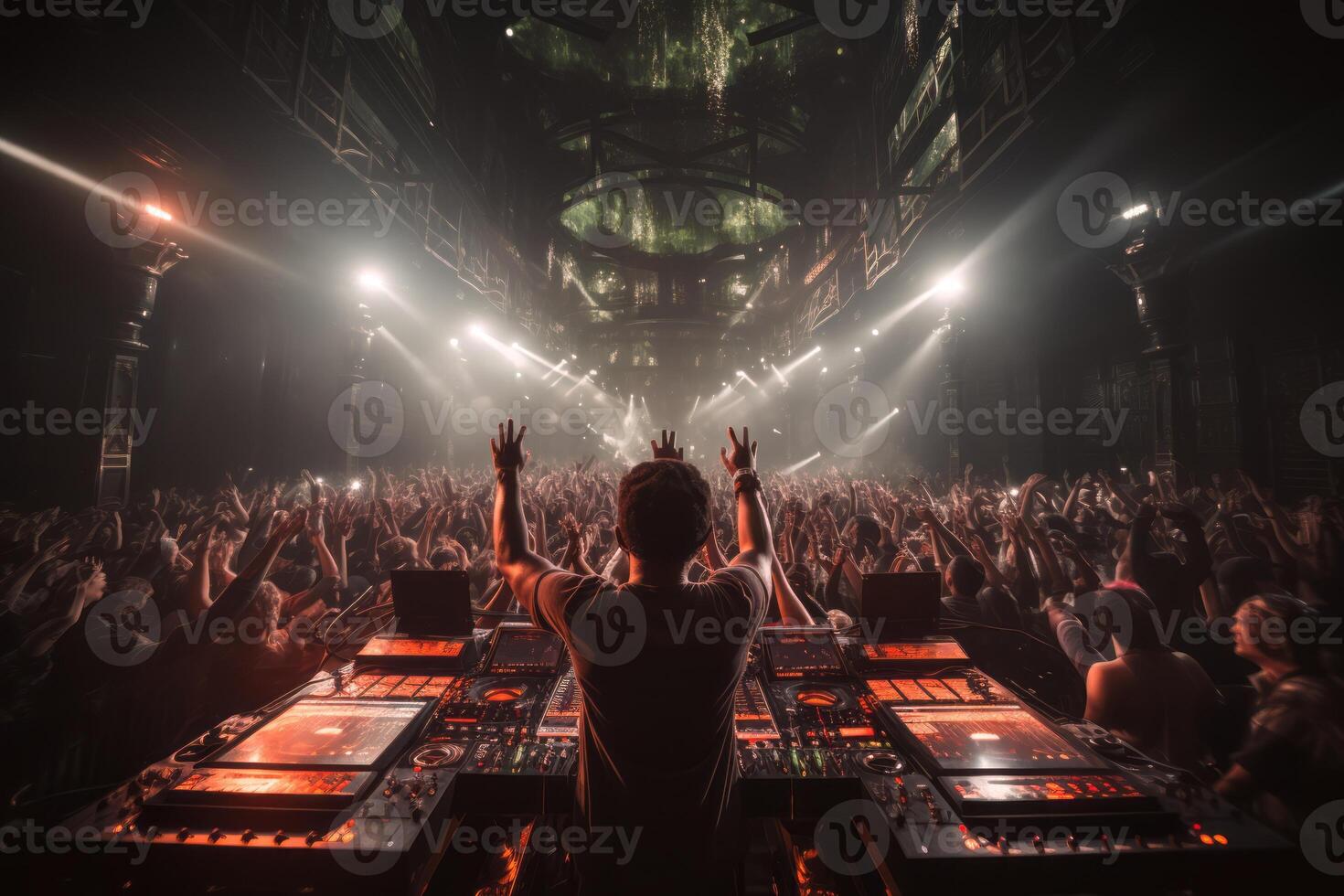 AI generated DJ against the backdrop of a huge concert hall banner  Generative AI photo
