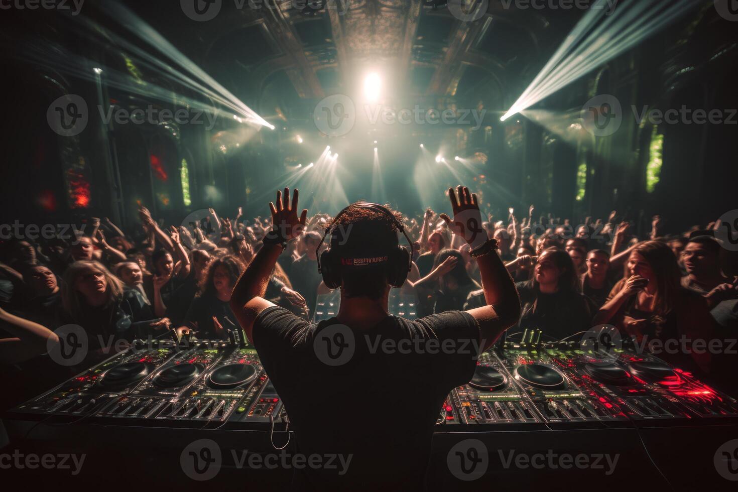 AI generated DJ against the backdrop of a huge concert hall banner  Generative AI photo