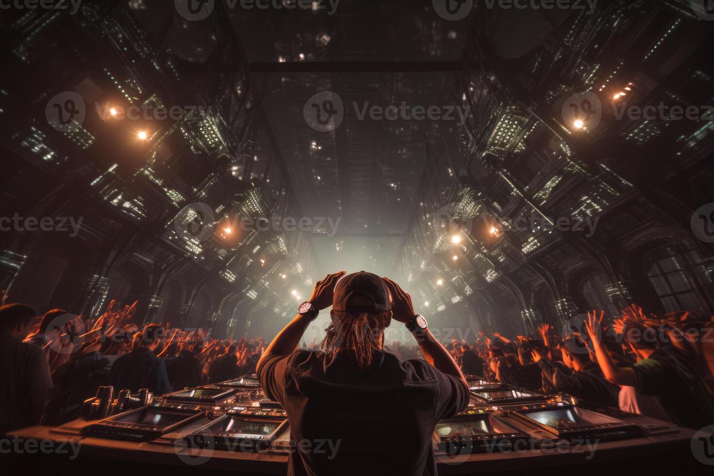 AI generated DJ against the backdrop of a huge concert hall banner  Generative AI photo
