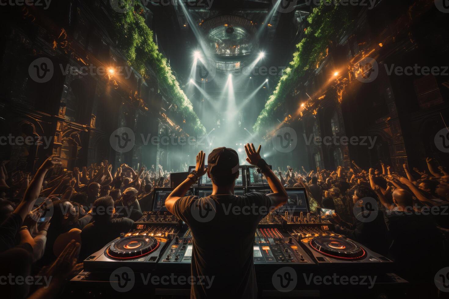 AI generated DJ against the backdrop of a huge concert hall banner  Generative AI photo