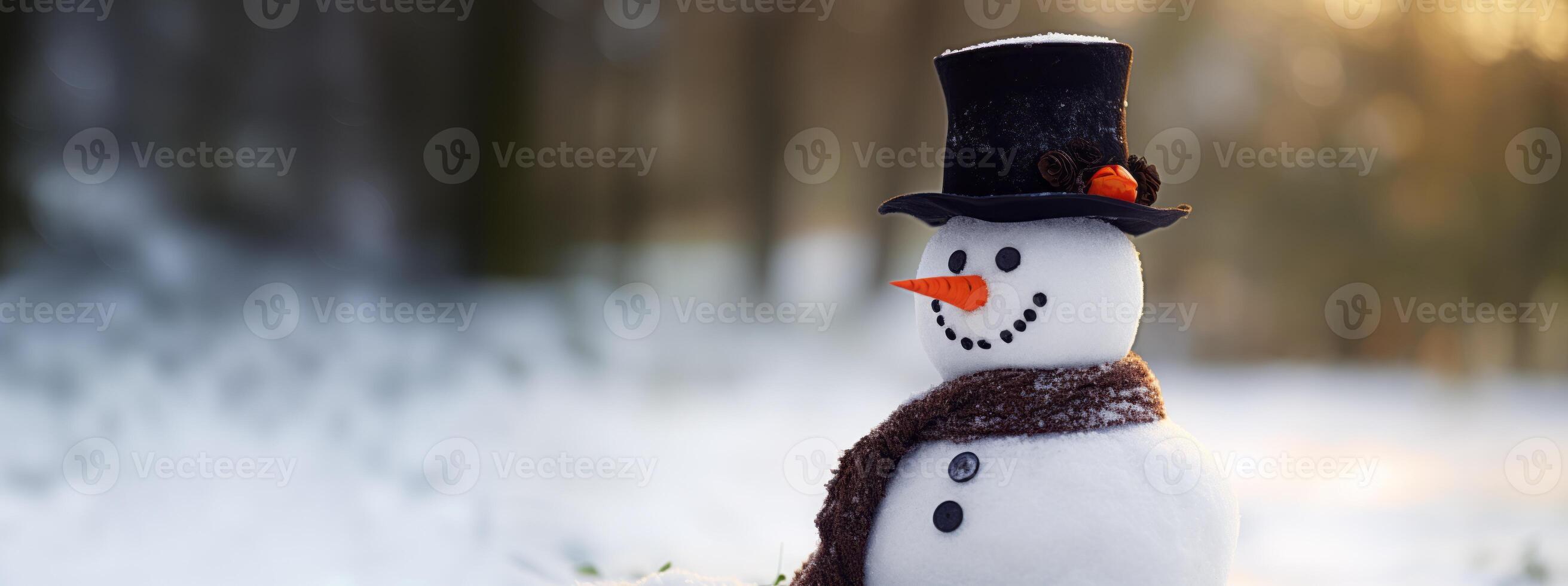 AI generated snowman on blurred background banner Generative AI photo