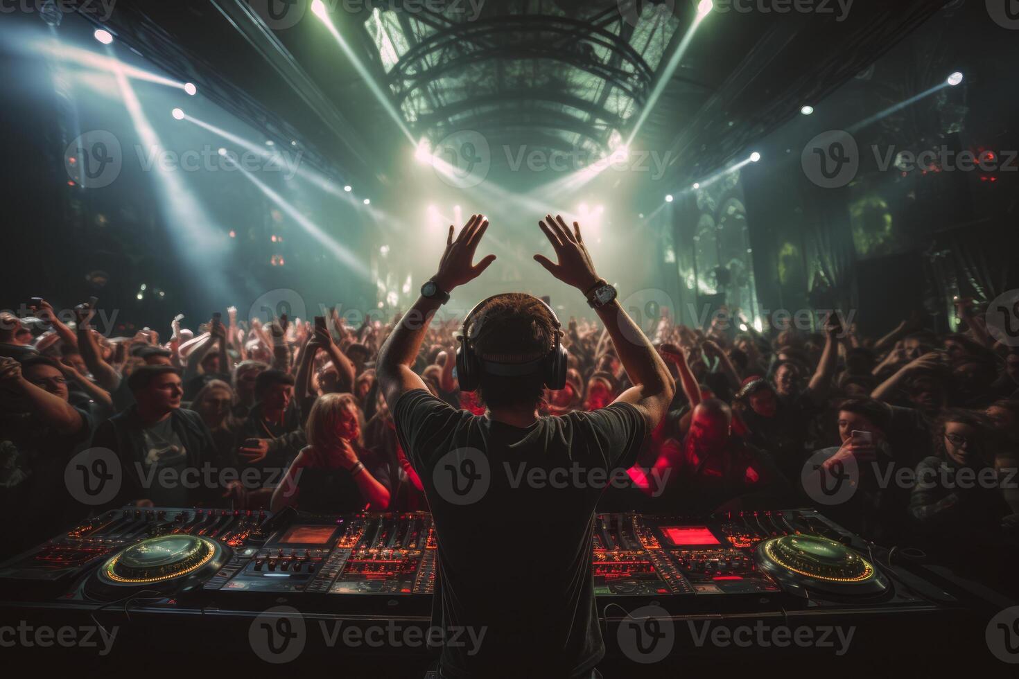 AI generated DJ against the backdrop of a huge concert hall banner  Generative AI photo