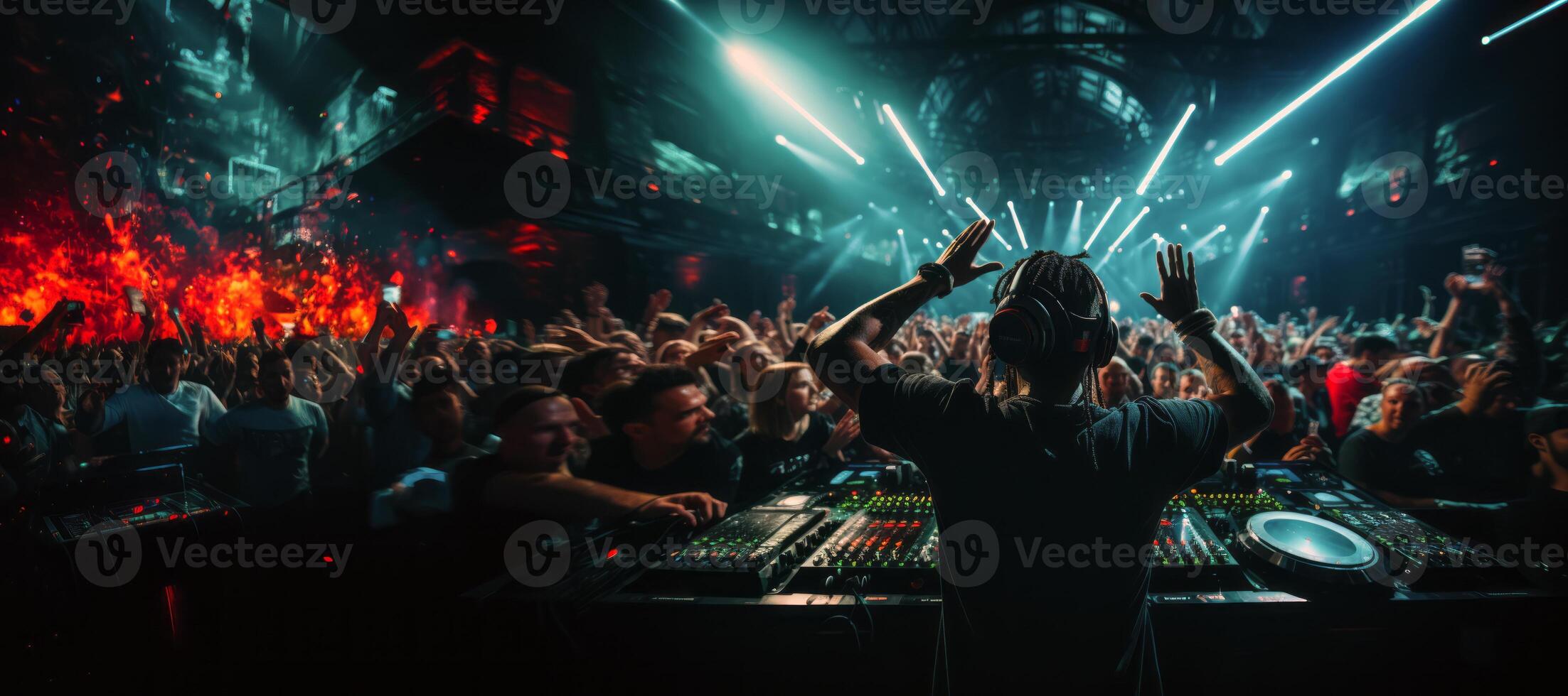 AI generated DJ against the backdrop of a huge concert hall banner  Generative AI photo