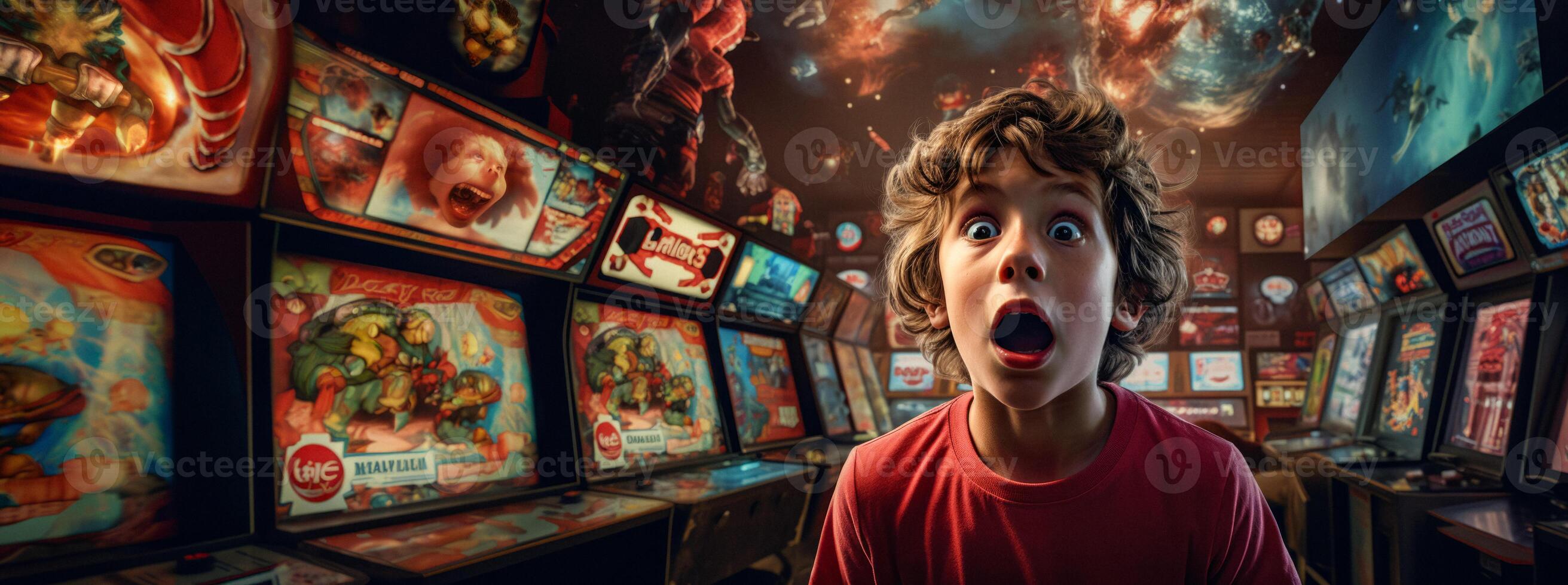 AI generated surprised child in a room with slot machines Generative AI photo