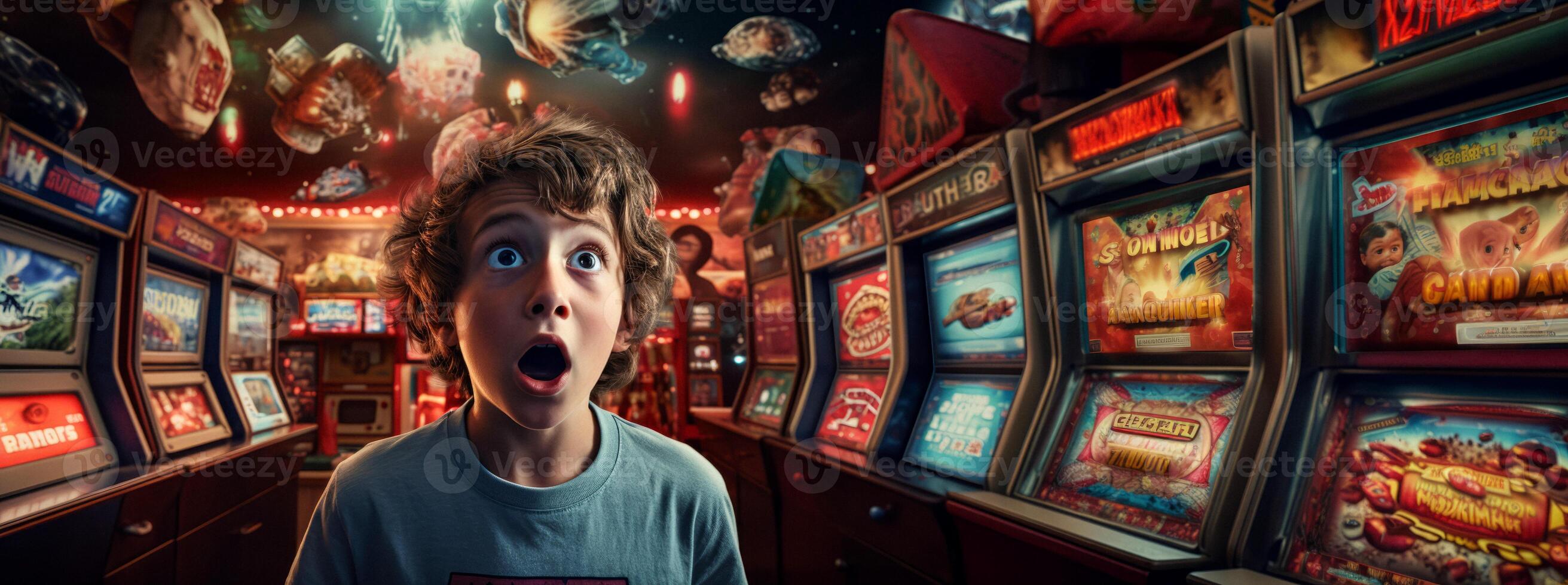 AI generated surprised child in a room with slot machines Generative AI photo