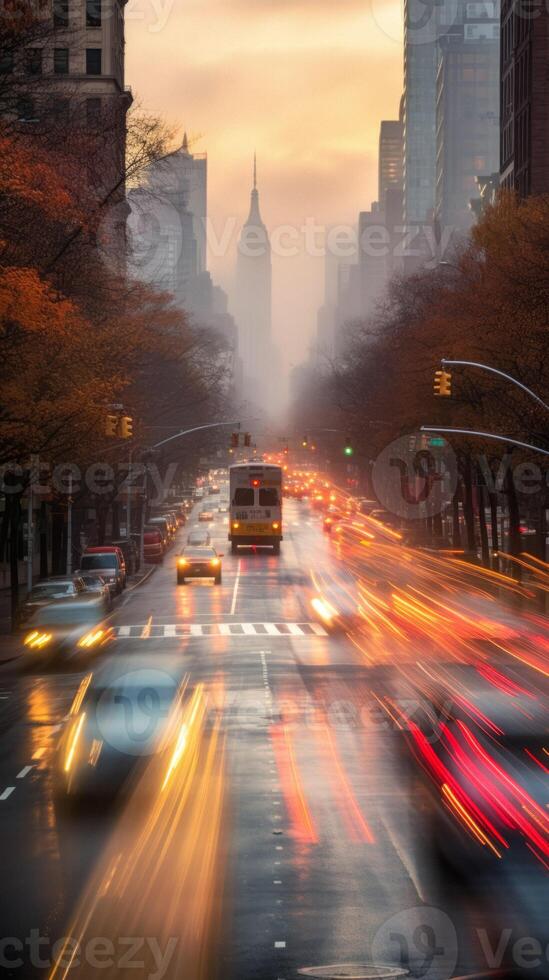 AI generated blurred dynamic rainy city streets photo