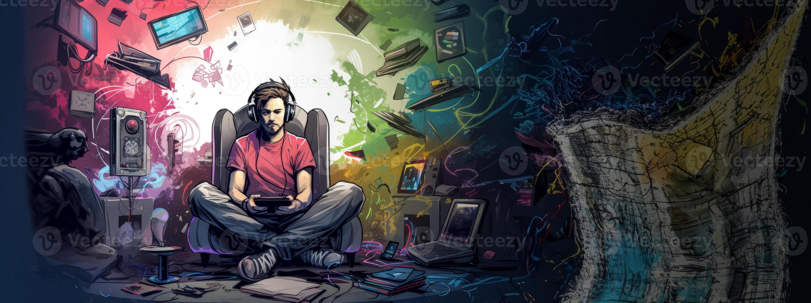 AI generated Gamer in his room sketch Generative AI photo