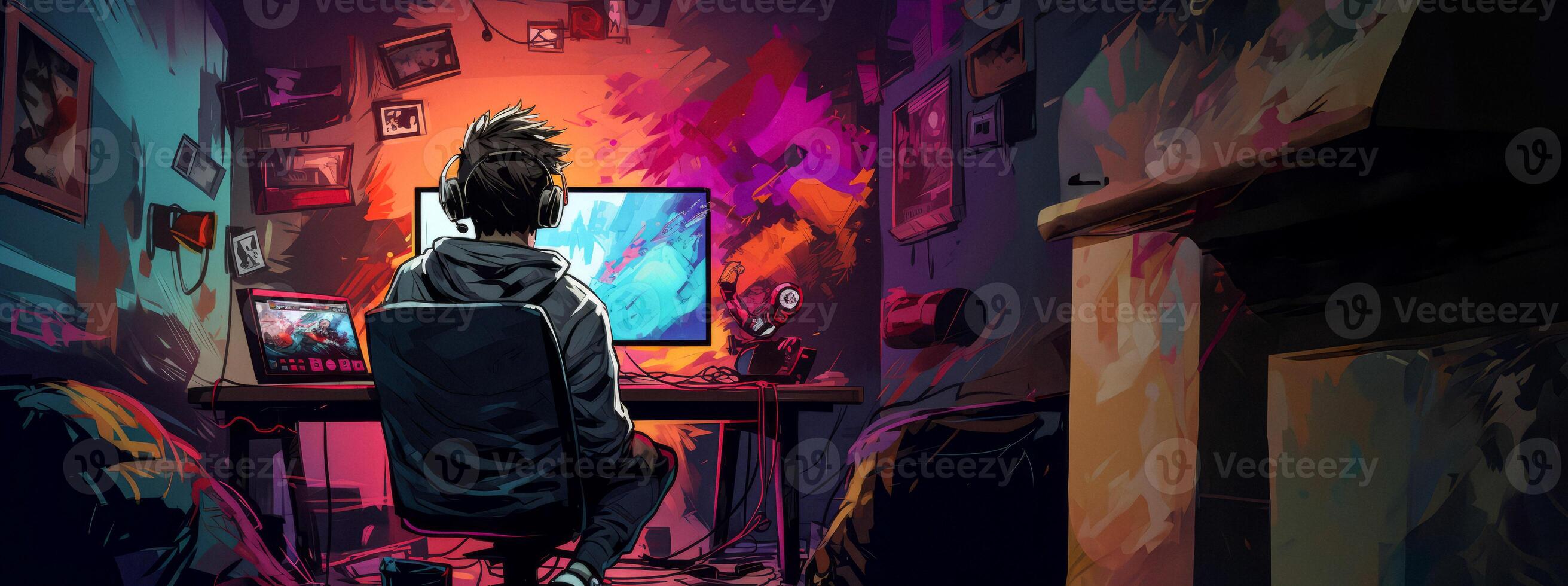 AI generated Gamer in his room sketch Generative AI photo