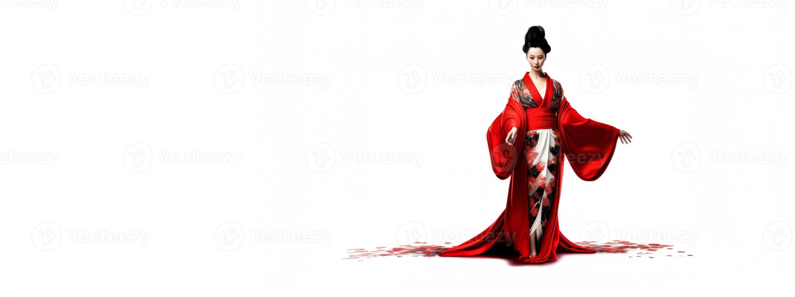 AI generated Japanese geisha on white background banner Generative AI photo