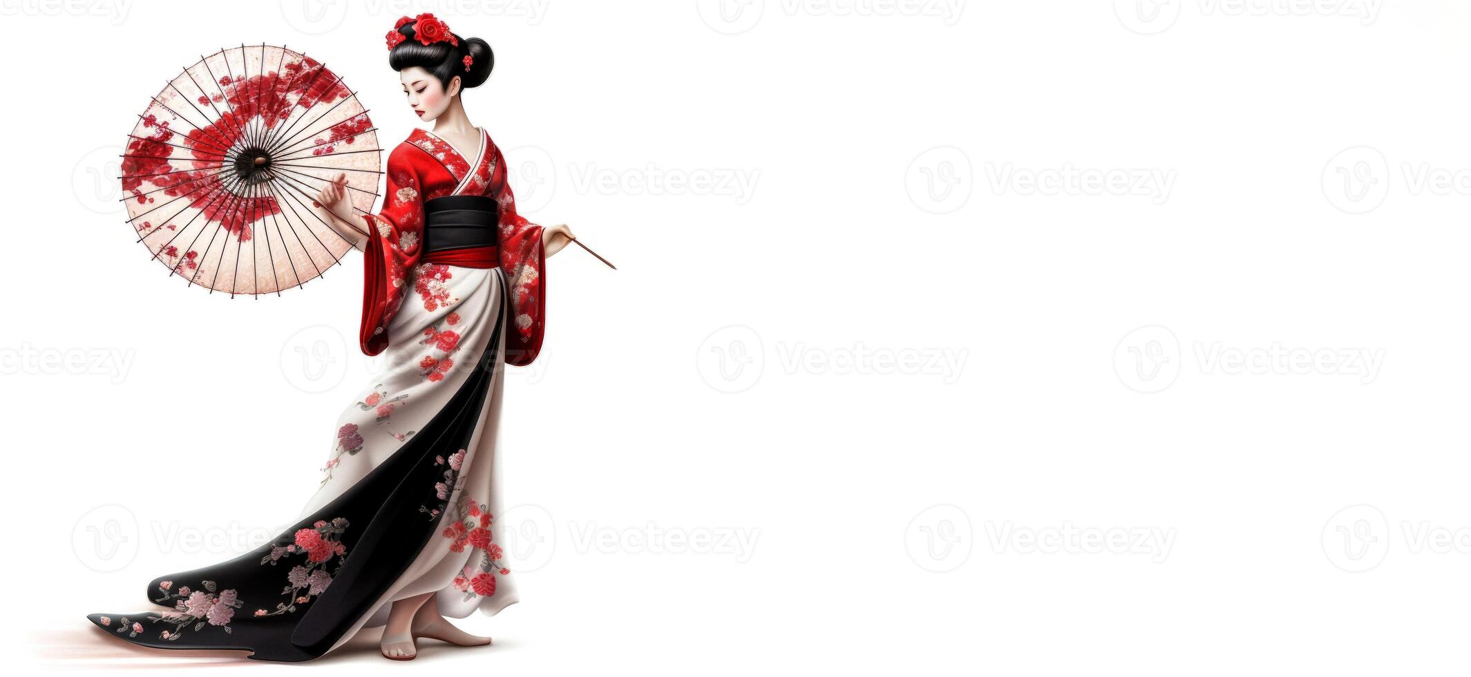 AI generated Japanese geisha on white background banner Generative AI photo