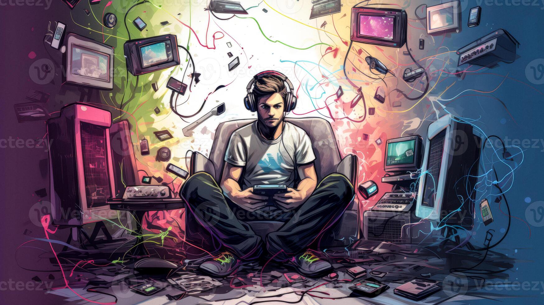 AI generated Gamer in his room sketch Generative AI photo