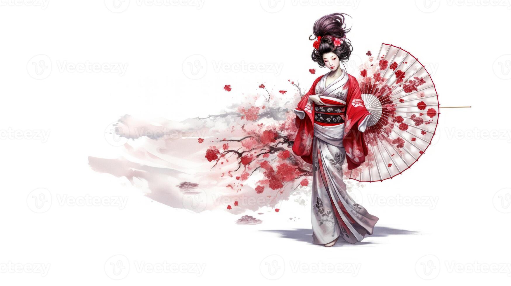 AI generated Japanese geisha on white background banner Generative AI photo