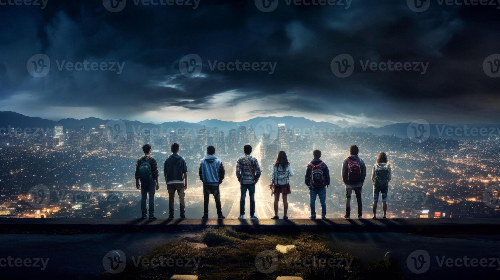 AI generated group of teenagers against the backdrop of the night city Generative AI photo
