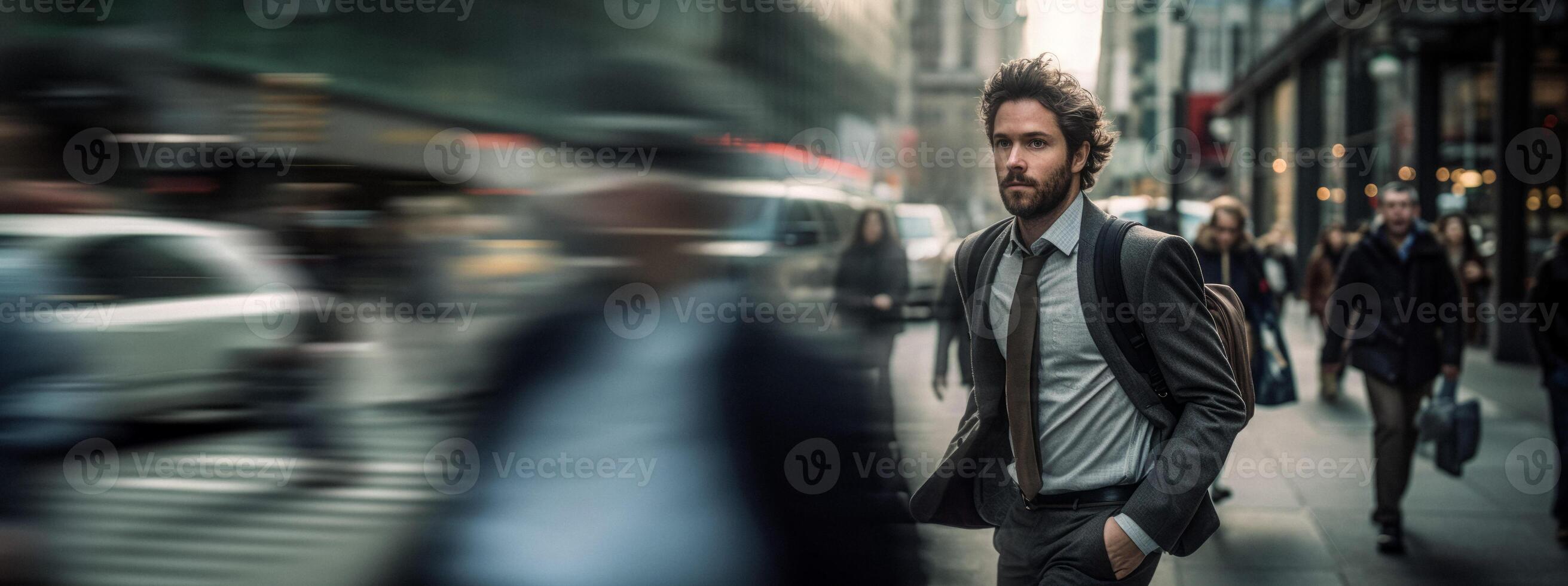 AI generated man in a blurry city crowd Generative AI photo