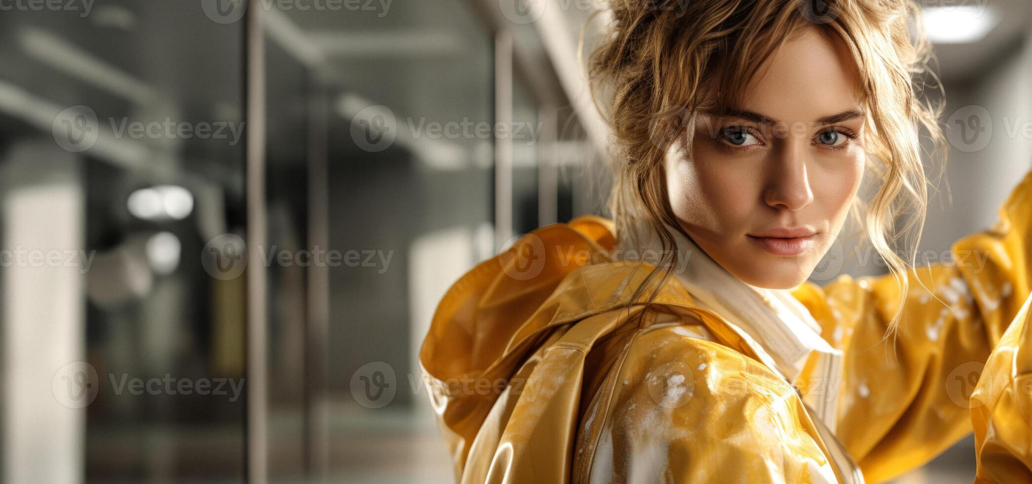 AI generated portrait of a girl in a yellow raincoat close up Generative AI photo
