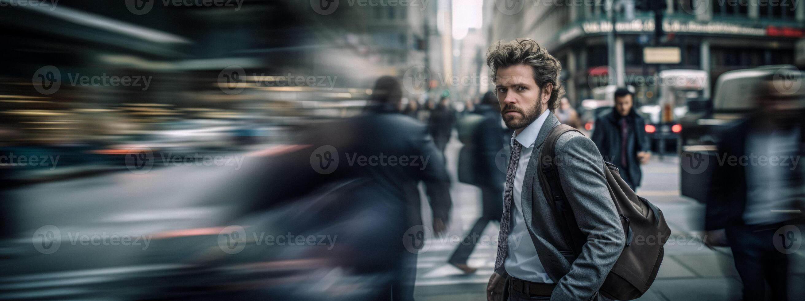 AI generated man in a blurry city crowd Generative AI photo