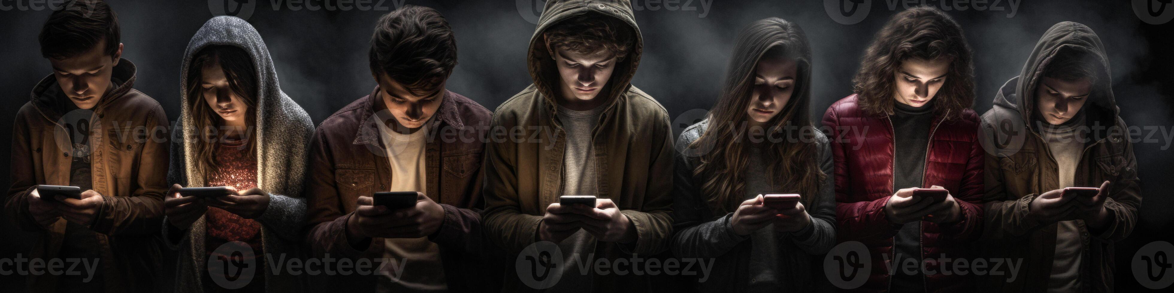 AI generated group of teenagers watching smartphone Generative AI photo