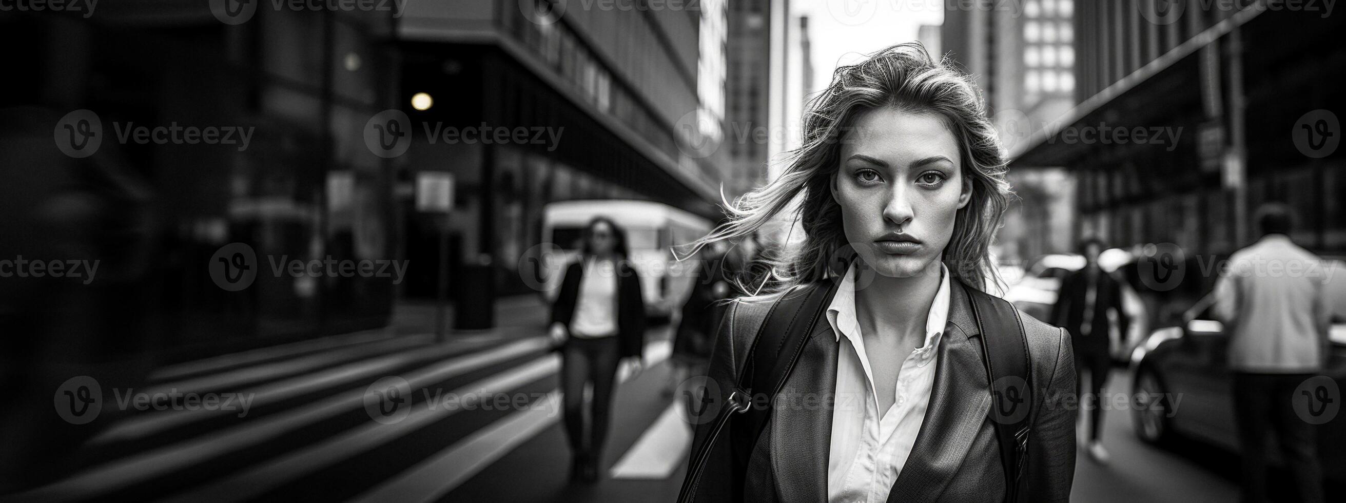 AI generated girl in a blurry city crowd Generative AI photo