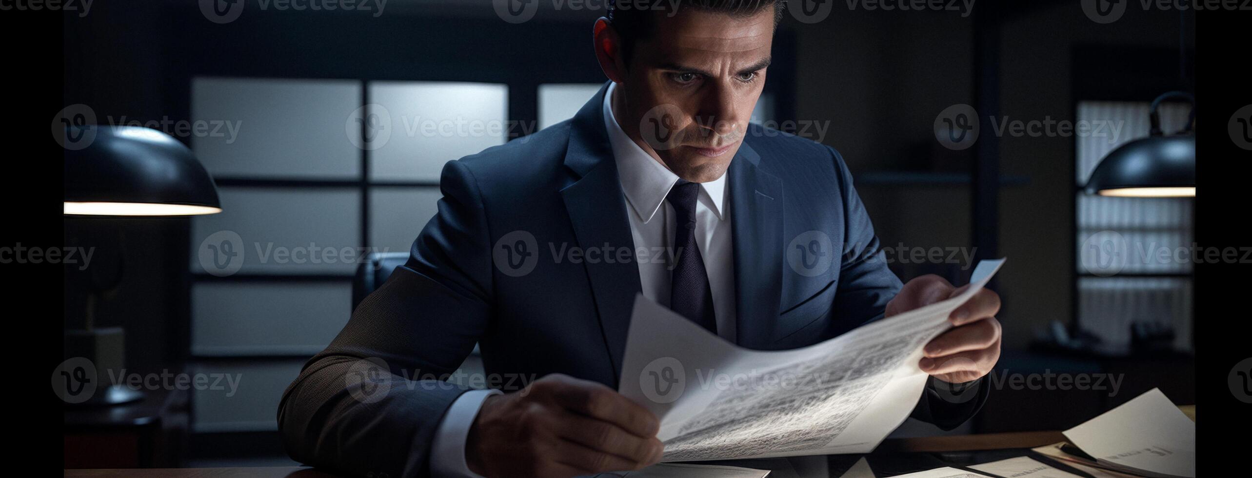 AI generated man looking through secret documents Generative AI photo
