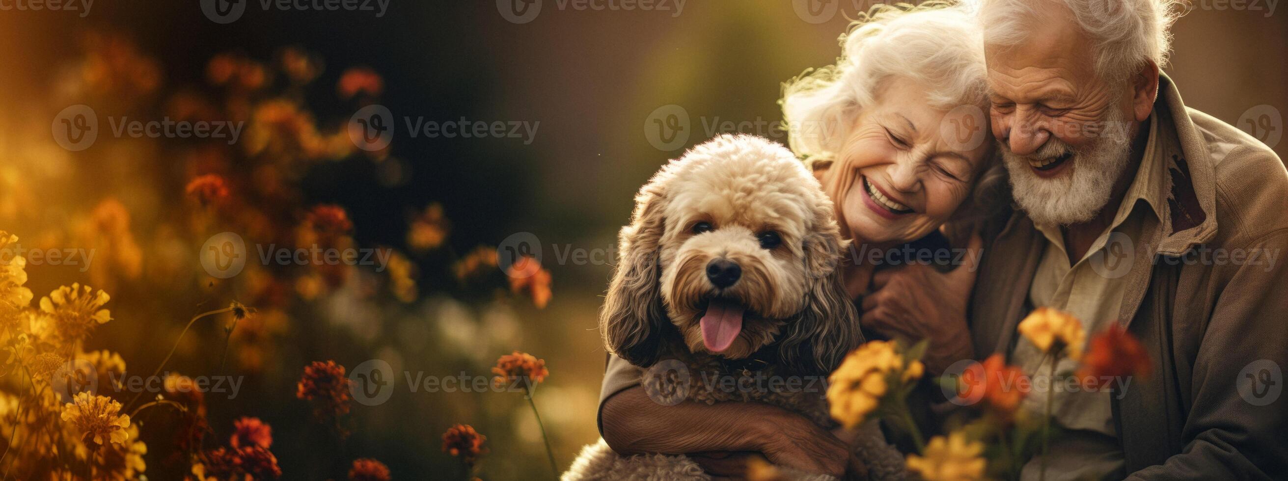 AI generated elderly couple with dog Generative AI photo