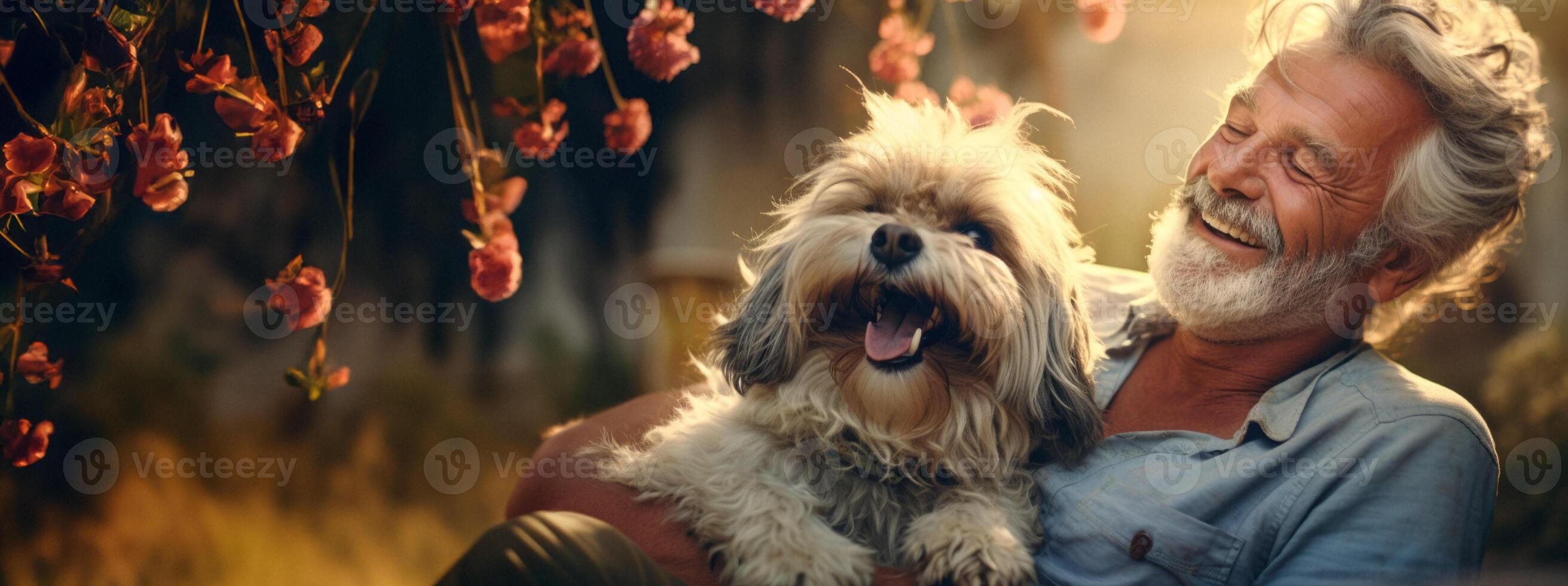 AI generated elderly couple with dog Generative AI photo