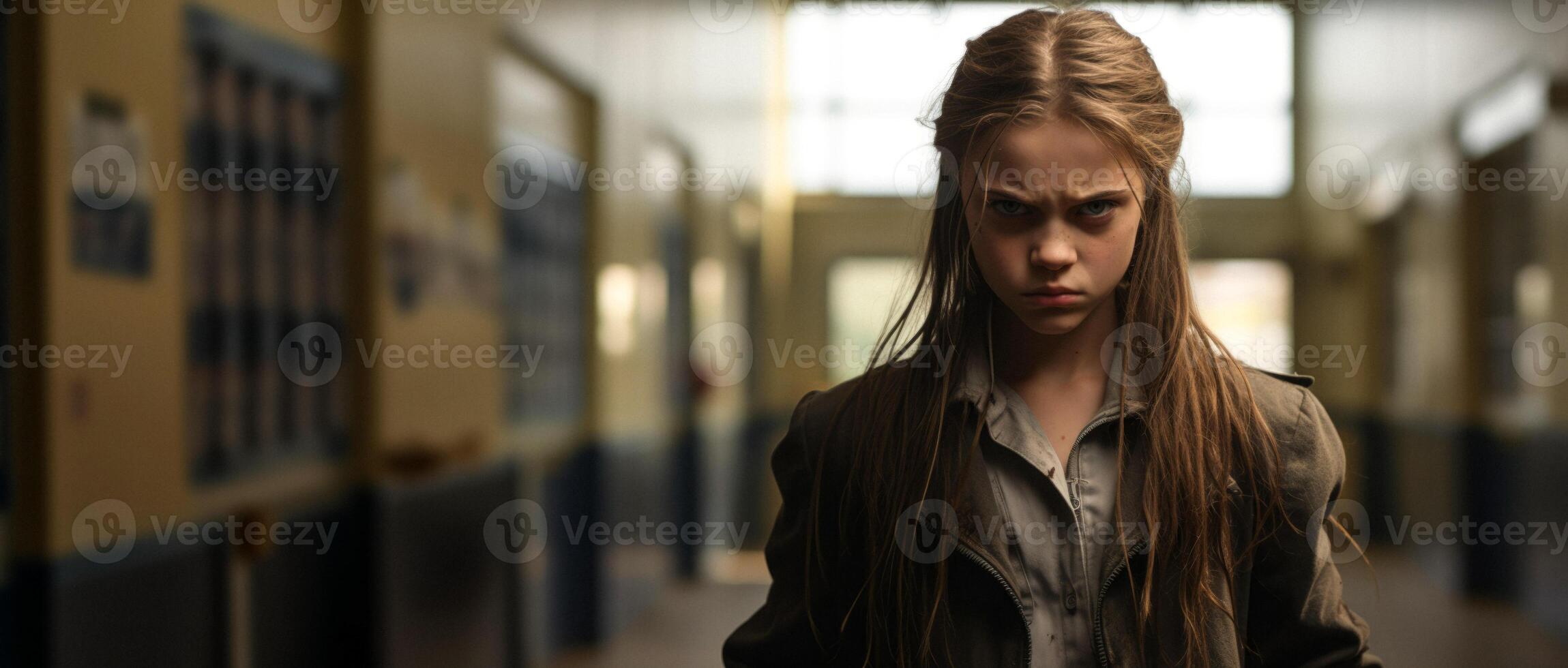 AI generated angry girl in a school corridor portrait close-up Generative AI photo