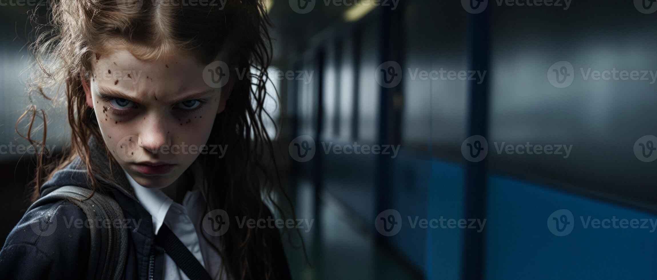 AI generated angry girl in a school corridor portrait close-up Generative AI photo