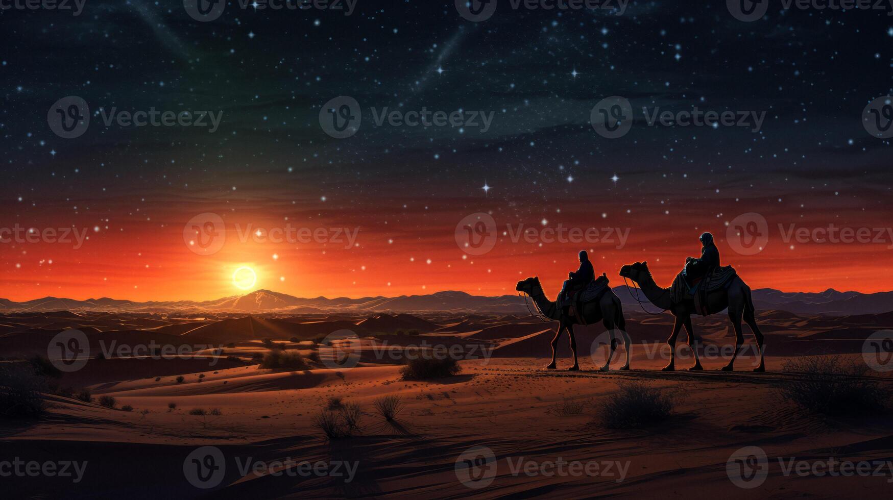 AI generated A caravan of camels walks through the desert at night against the backdrop of the starry sky. Generative AI photo
