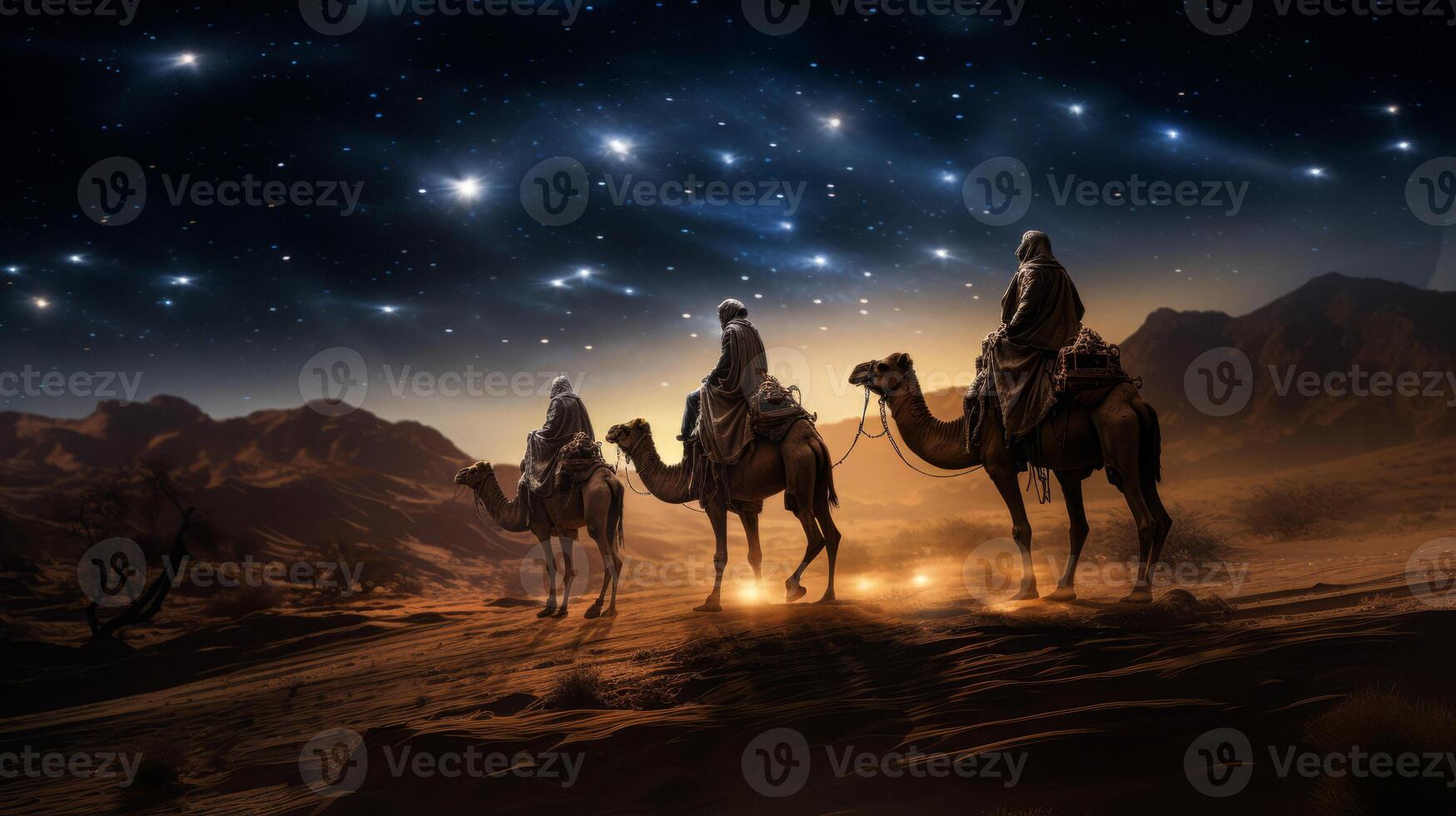 AI generated A caravan of camels walks through the desert at night against the backdrop of the starry sky. Generative AI photo