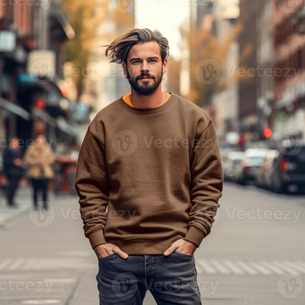 AI generated man in a beige hoodie on the street Generative AI photo