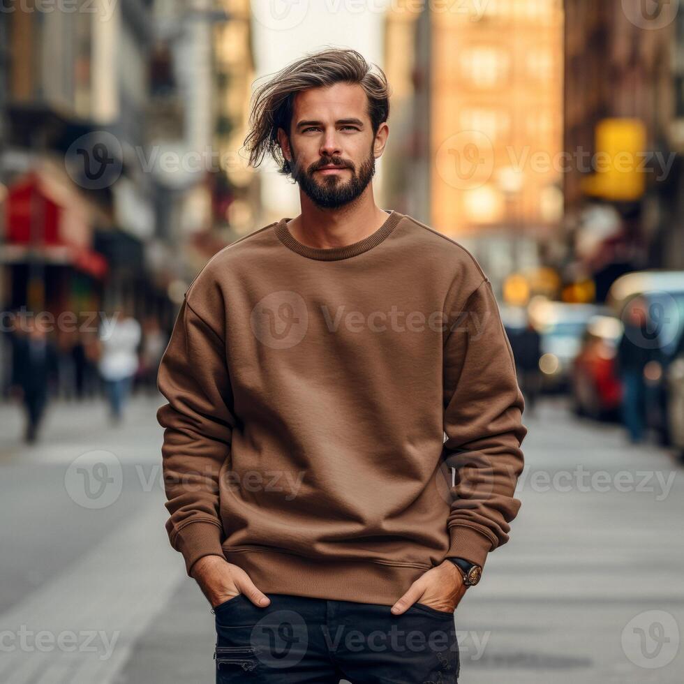 AI generated man in a beige hoodie on the street Generative AI photo