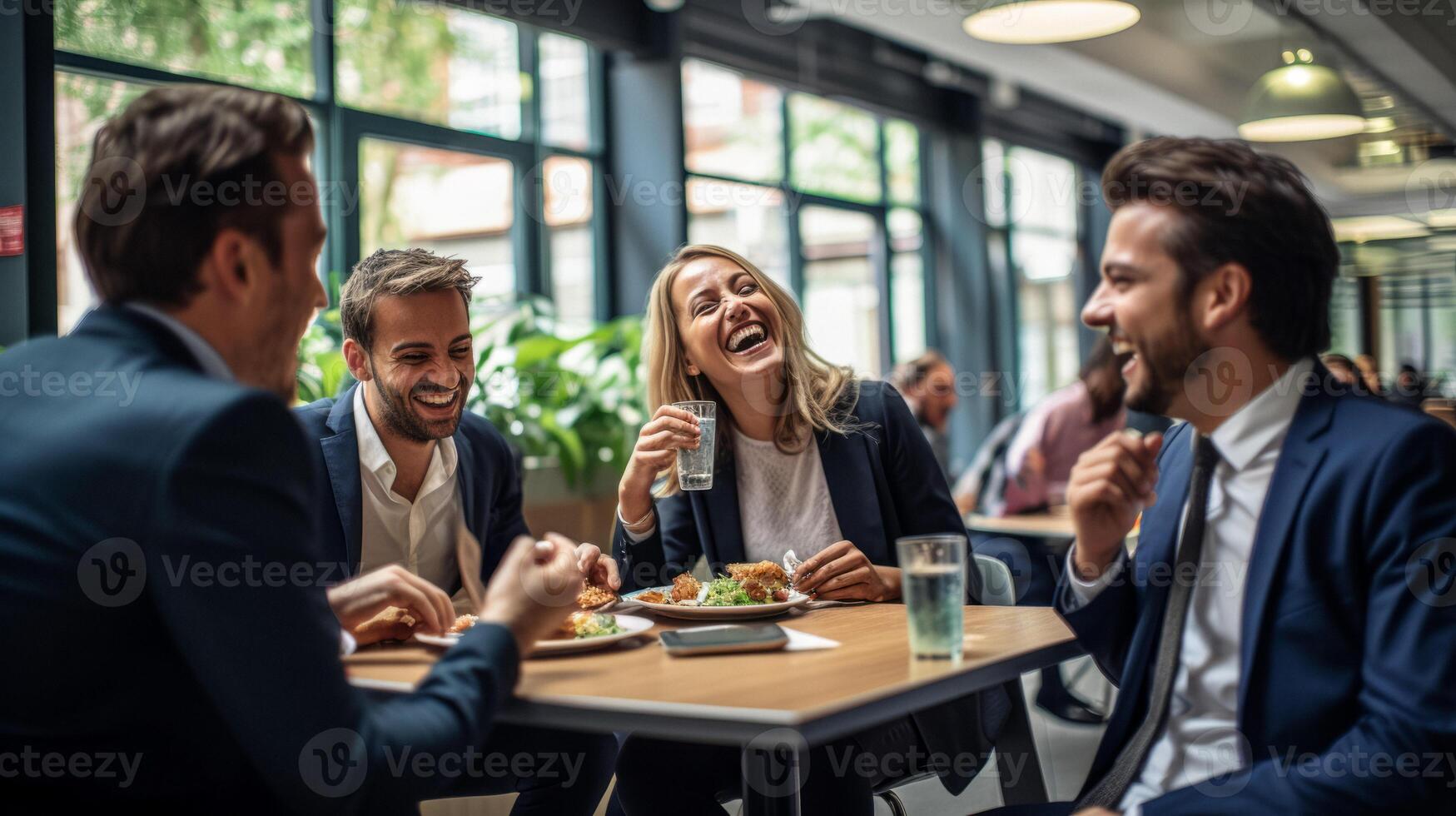 ai generado grupo de oficina trabajadores teniendo almuerzo generativo ai foto