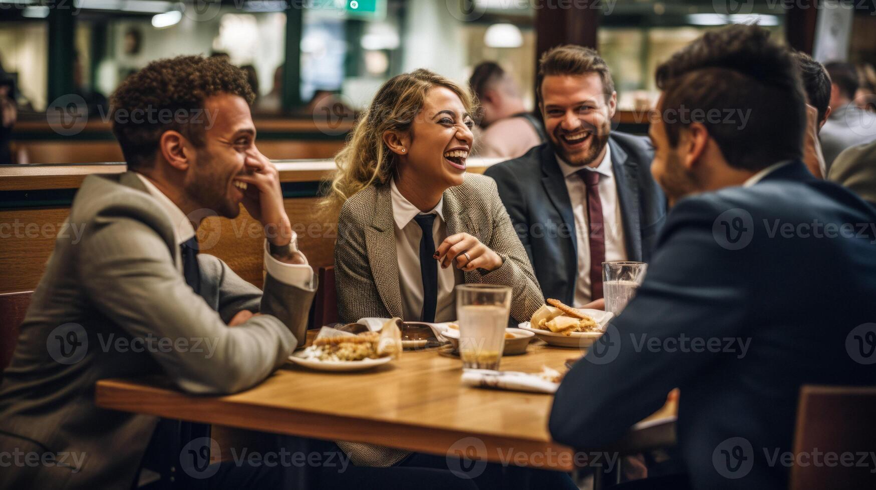 ai generado grupo de oficina trabajadores teniendo almuerzo generativo ai foto