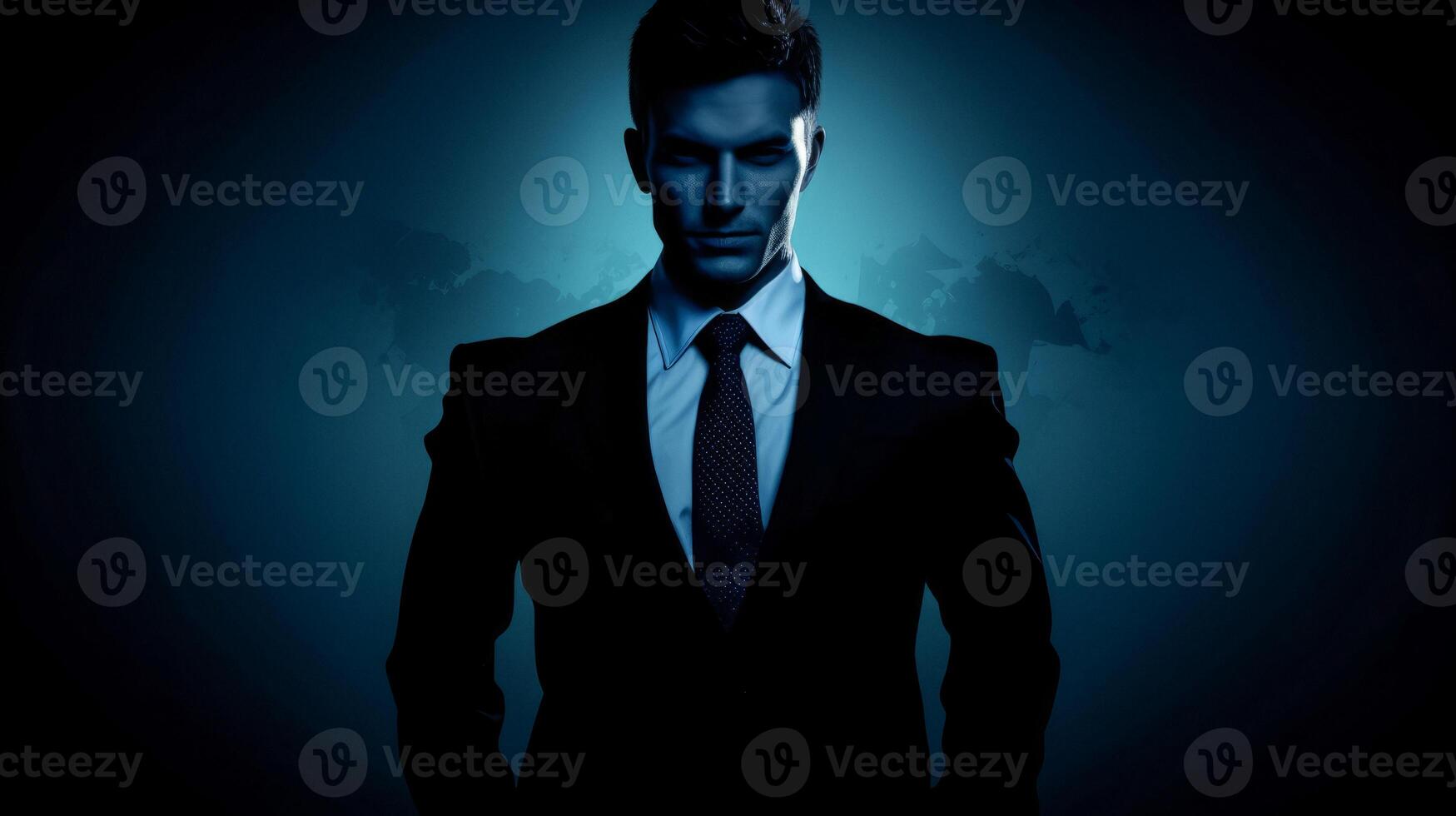 AI generated silhouette of a business man in a suit on a blue background Generative AI photo