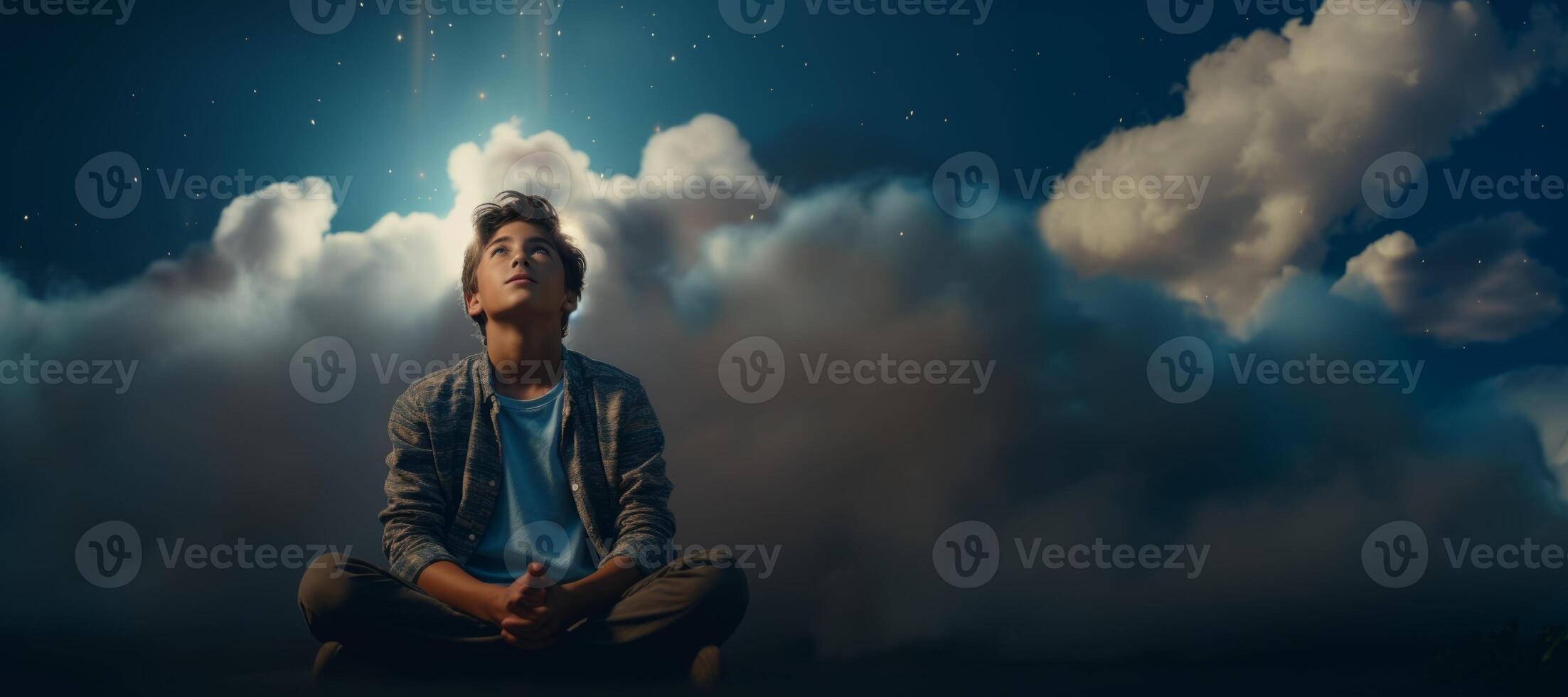 AI generated boy praying against the sky Generative AI photo