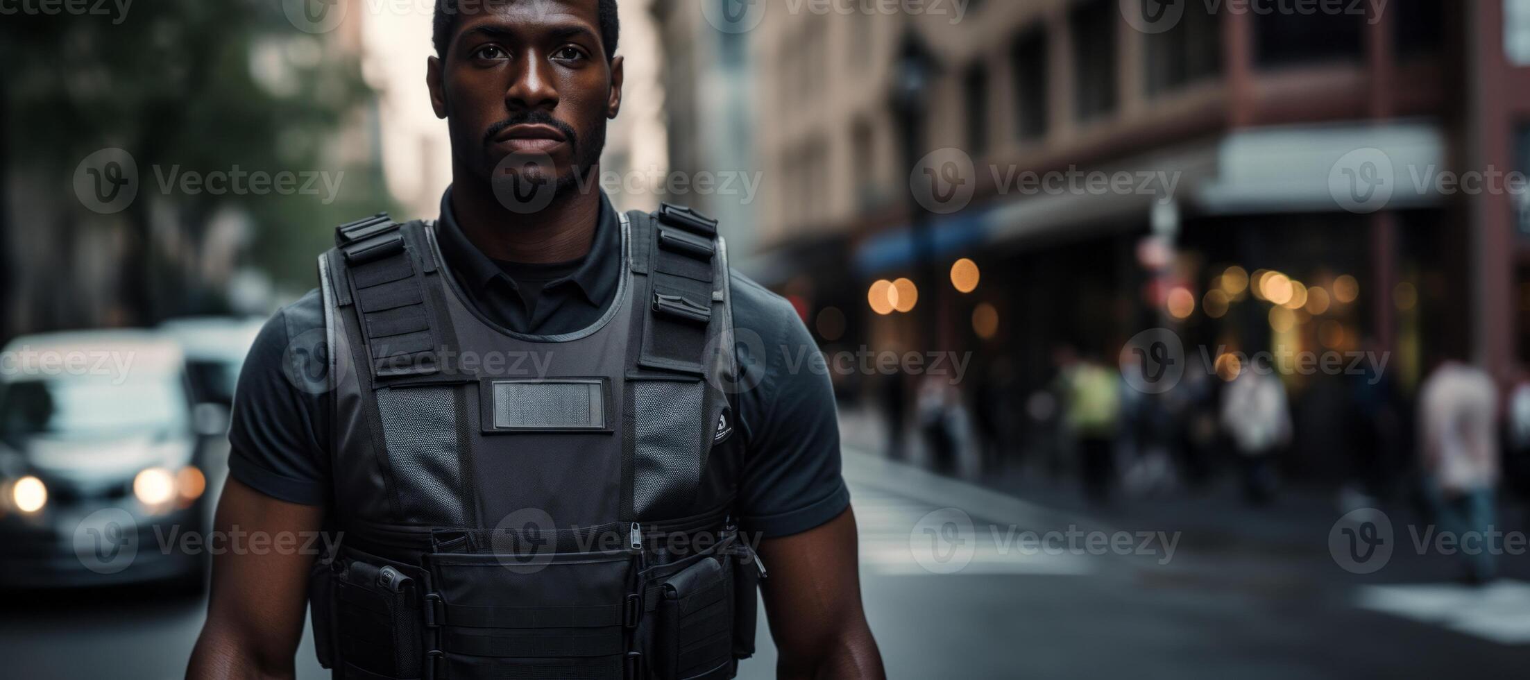 AI generated male police officer on a city street Generative AI photo