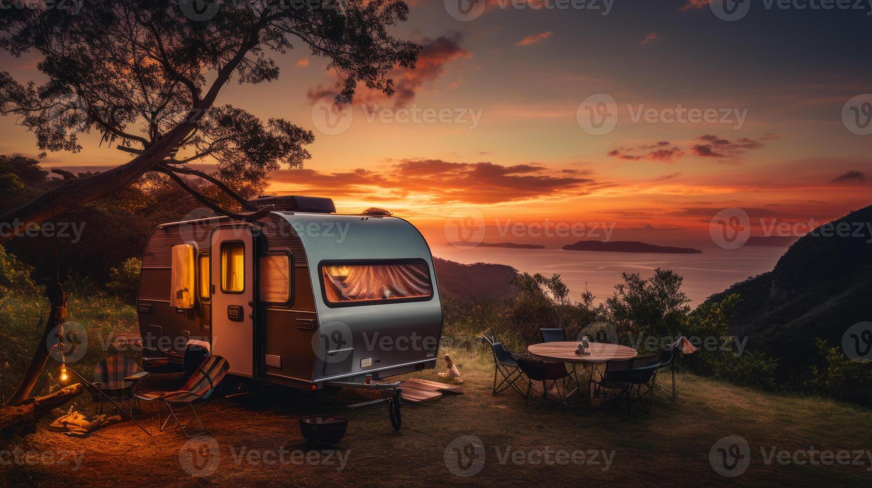 AI generated mobile home at sunset Generative AI photo