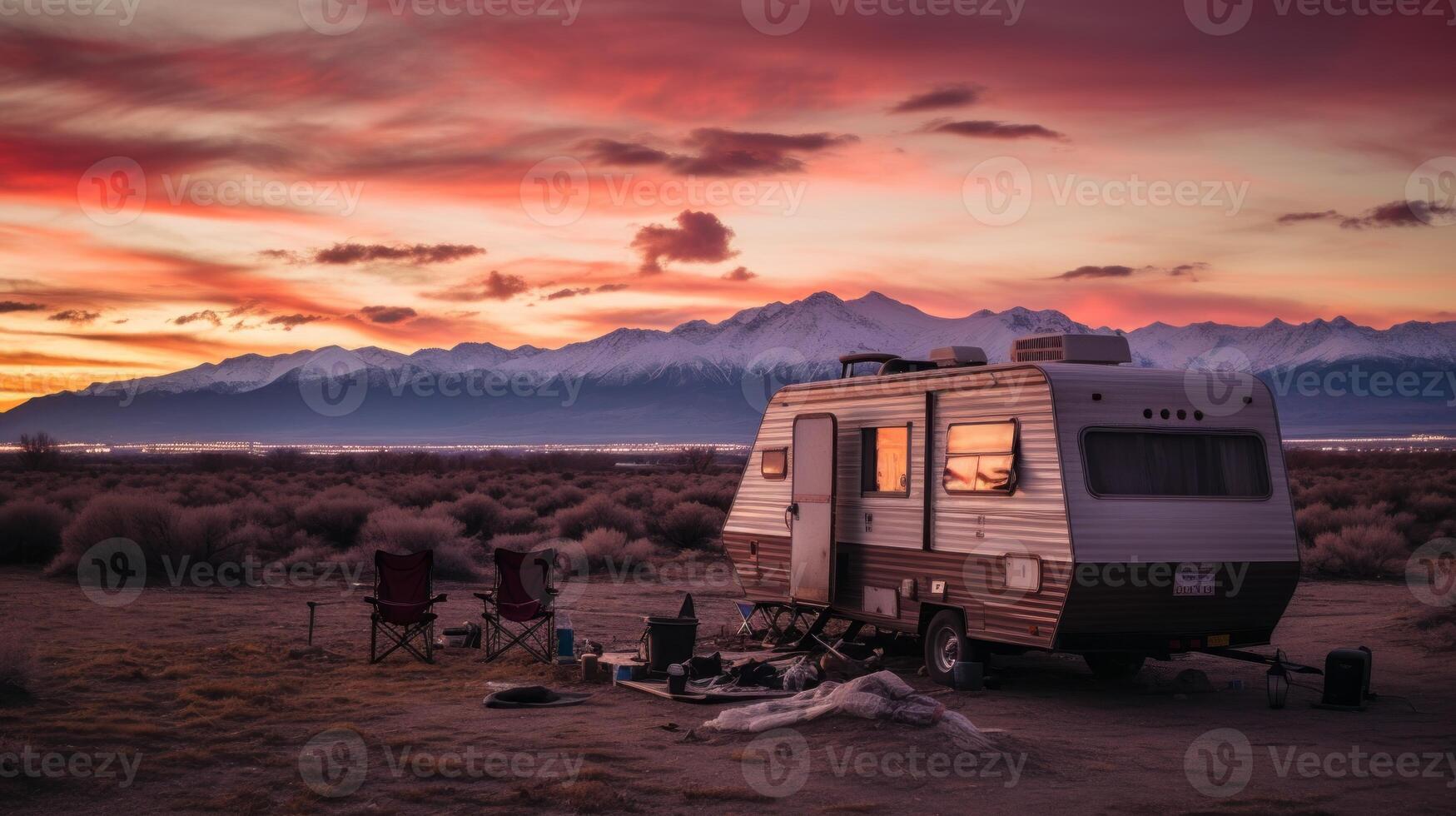 AI generated mobile home at sunset Generative AI photo